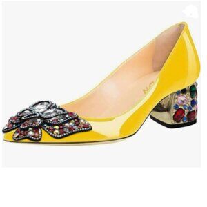 YDN Yellow Pointed Toe Bow Colorful Rhinestone Block Low Heel Butterfly Pumps
